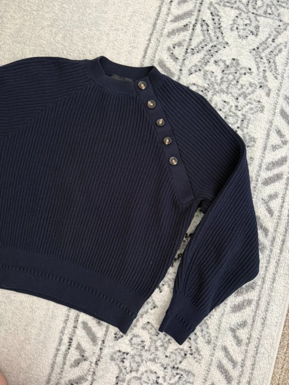Ann Taylor XS Navy Ribbed Sweater Asymmetrical Button Shoulder Cotton Blend